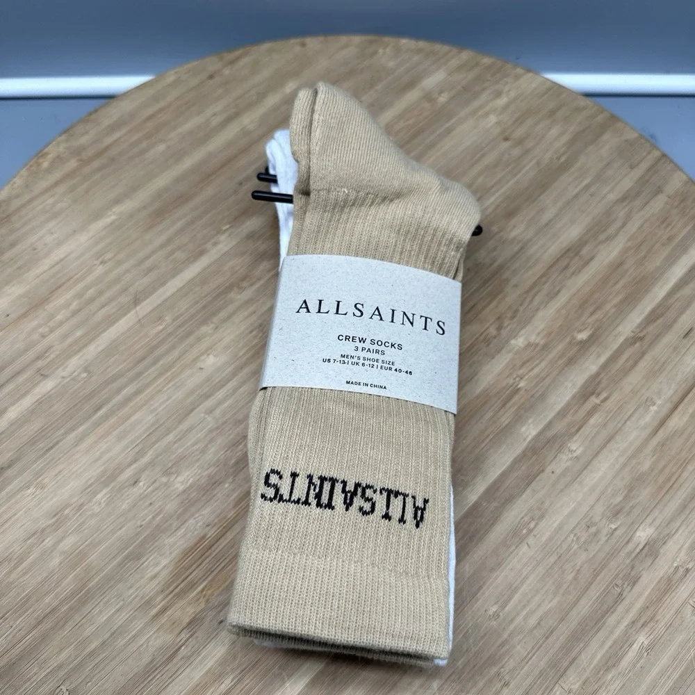 All Saints Logo Crew Socks 3 Pack White,Grey,Tan Men's 7-13 New With Tags